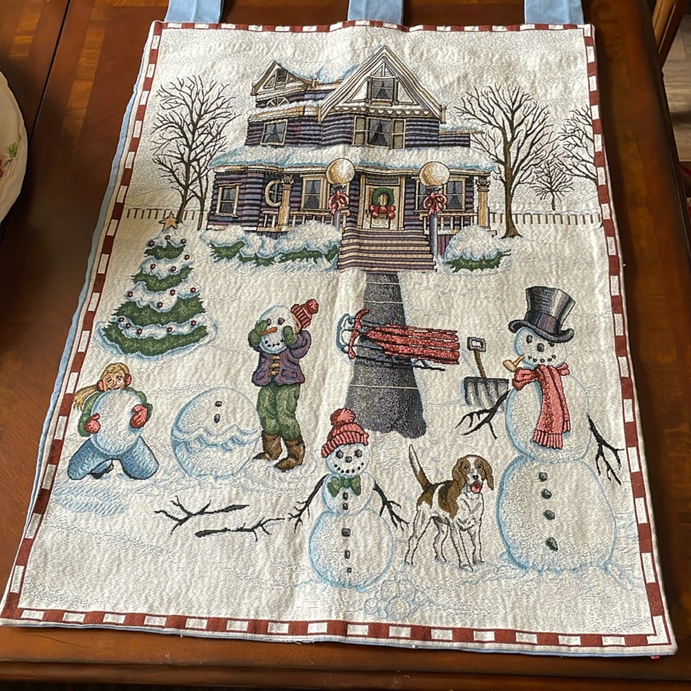 Victorian house Winter Holiday Snowmen Children play Beagle wall tapestry